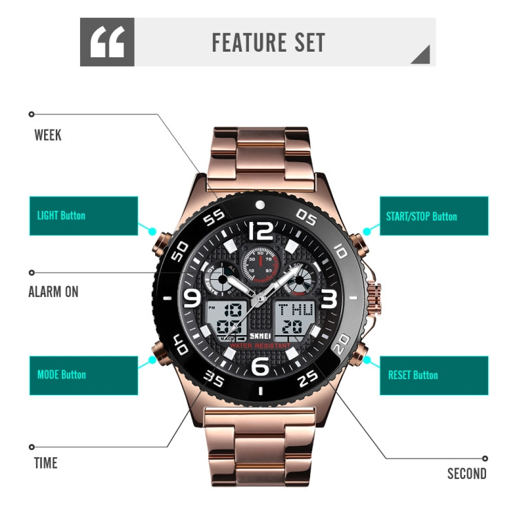 SKMEI 1538 Multi-Function Time Large Dial Steel Belt Men  Casual Sports Electronic Watch(Rose Gold-Silicone Belt)