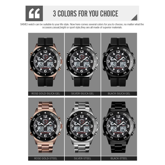 SKMEI 1538 Multi-Function Time Large Dial Steel Belt Men  Casual Sports Electronic Watch(Silver-Silicone Belt)