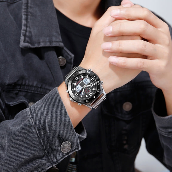 SKMEI 1538 Multi-Function Time Large Dial Steel Belt Men  Casual Sports Electronic Watch(Silver-Steel Belt)