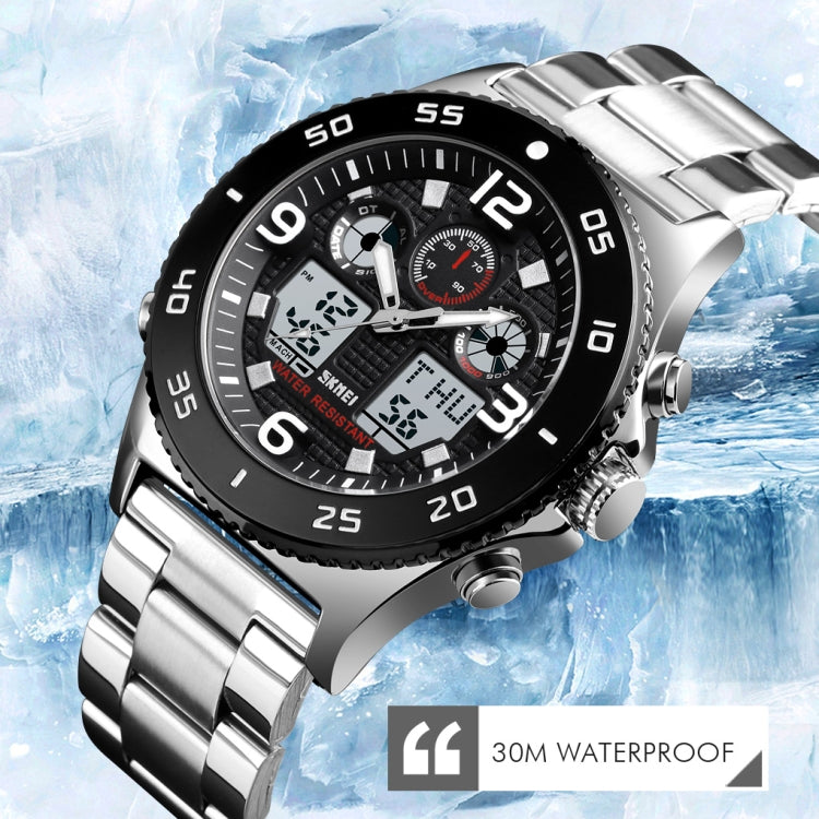 SKMEI 1538 Multi-Function Time Large Dial Steel Belt Men  Casual Sports Electronic Watch(Silver-Steel Belt)