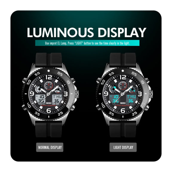 SKMEI 1538 Multi-Function Time Large Dial Steel Belt Men  Casual Sports Electronic Watch(Silver-Steel Belt)