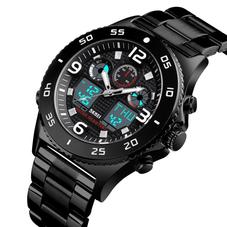 SKMEI 1538 Multi-Function Time Large Dial Steel Belt Men  Casual Sports Electronic Watch(Black-Steel Belt)