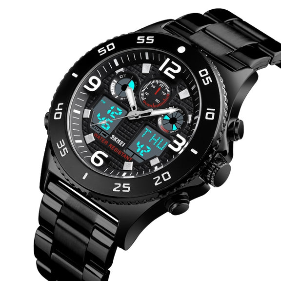 SKMEI 1538 Multi-Function Time Large Dial Steel Belt Men  Casual Sports Electronic Watch(Black-Steel Belt)