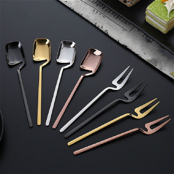 Stainless Steel V-shaped Wall Hanging Design Simple Coffee Spoon Fork Creative Long Handle Stirring Tableware, Style:Fork, Color:Gold