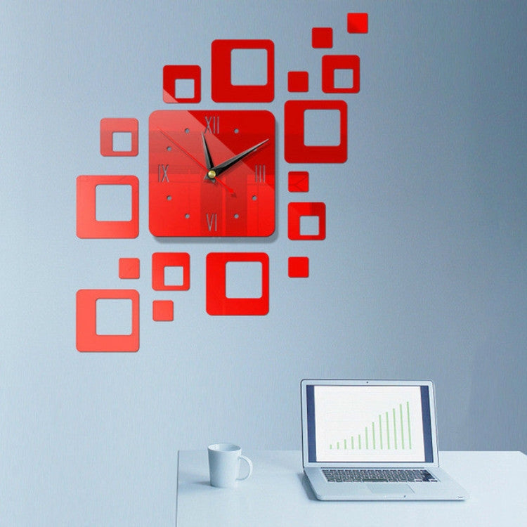 Home Mirror Surface Sticker Home Office Decorative Mirrors 3D Stereo Clock Acrylic Mirror Clock Block Combination Clock(Red)