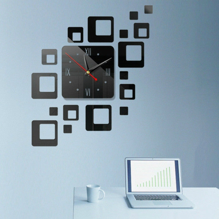Home Mirror Surface Sticker Home Office Decorative Mirrors 3D Stereo Clock Acrylic Mirror Clock Block Combination Clock(Black)