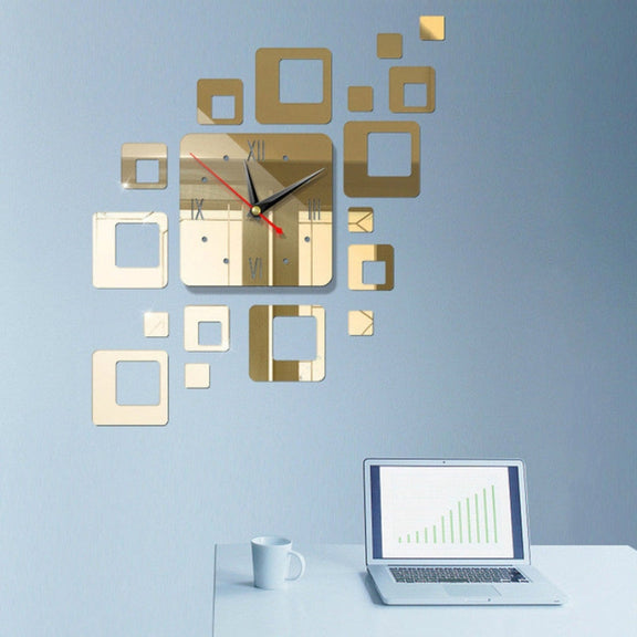 Home Mirror Surface Sticker Home Office Decorative Mirrors 3D Stereo Clock Acrylic Mirror Clock Block Combination Clock(Black)