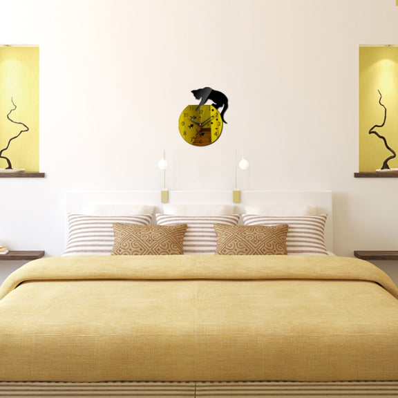 3D Acrylic Cat Mirror Wall Clock DIY Fashion Home Decoration(Black Gold)