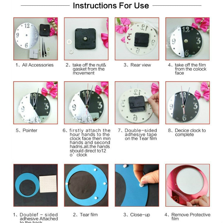 3D Acrylic Cat Mirror Wall Clock DIY Fashion Home Decoration(Silver Black)