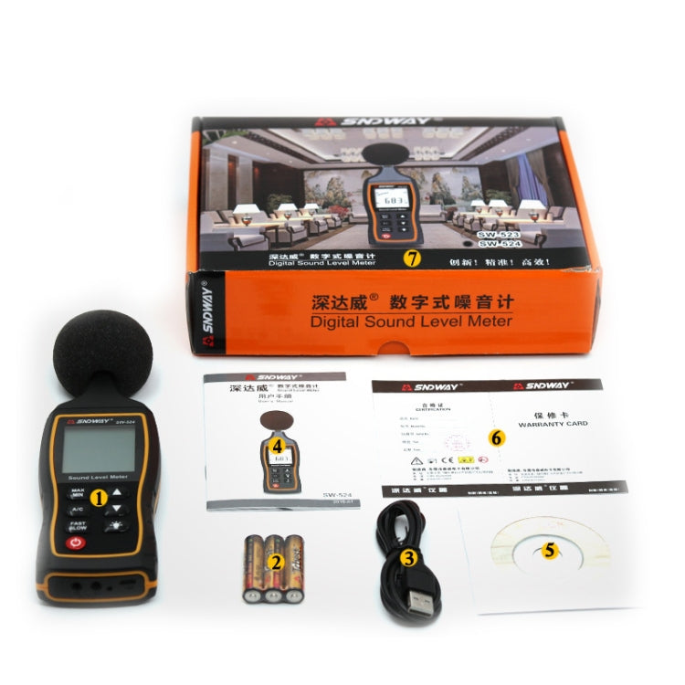 SNDWAY Handheld High Precision Noise Decibel Meter, Model:SW524(Storage+USB Communication)