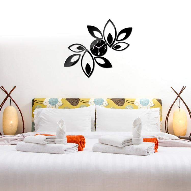 Flower Art Modern Design DIY Removable 3D Crystal Mirror Wall Clock Wall Sticker Living Room Bedroom Decor(Black)