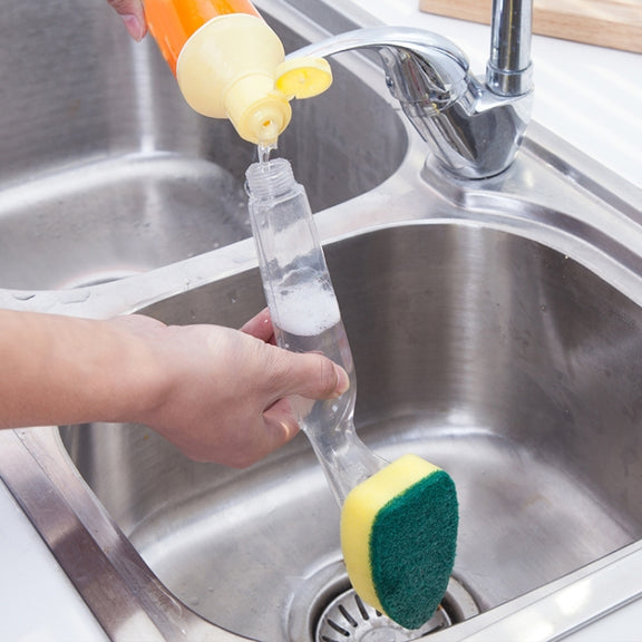 Kitchen Plastic Long Handle Cleaning Brush Automatic Adding Liquid Brush Removable Sponge Brush(With 2pcs Head)