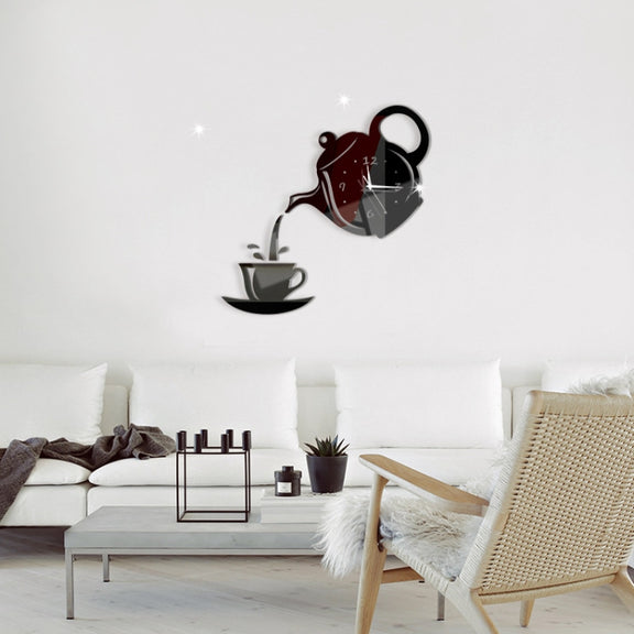 Creative DIY Acrylic Coffee Cup Teapot 3D Wall Clock Decorative Kitchen Wall Clocks Living Room Dining Room Home Decor Clock(Black)