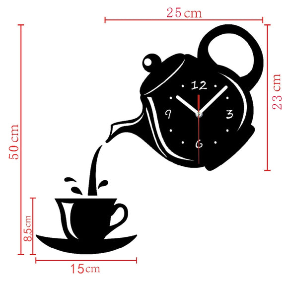 Creative DIY Acrylic Coffee Cup Teapot 3D Wall Clock Decorative Kitchen Wall Clocks Living Room Dining Room Home Decor Clock(Black)