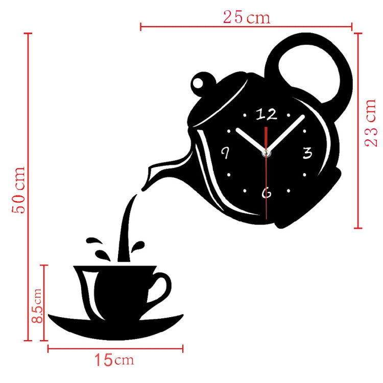 Creative DIY Acrylic Coffee Cup Teapot 3D Wall Clock Decorative Kitchen Wall Clocks Living Room Dining Room Home Decor Clock(Black)