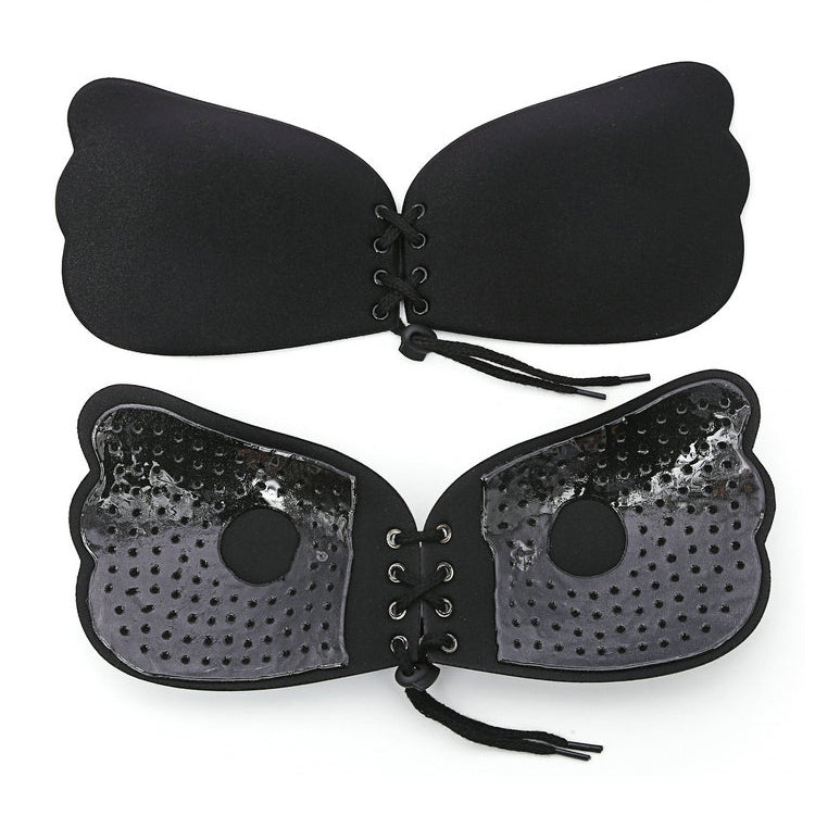 Pull Rope Wing Invisible Underwear Without Steel Ring Pull Rope Silicone Invisible Nubra, Cup Size:A(Black)