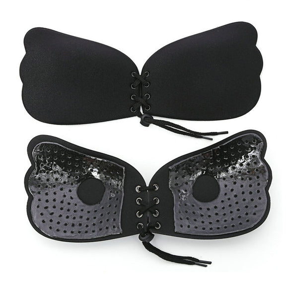 Pull Rope Wing Invisible Underwear Without Steel Ring Pull Rope Silicone Invisible Nubra, Cup Size:A(Black)