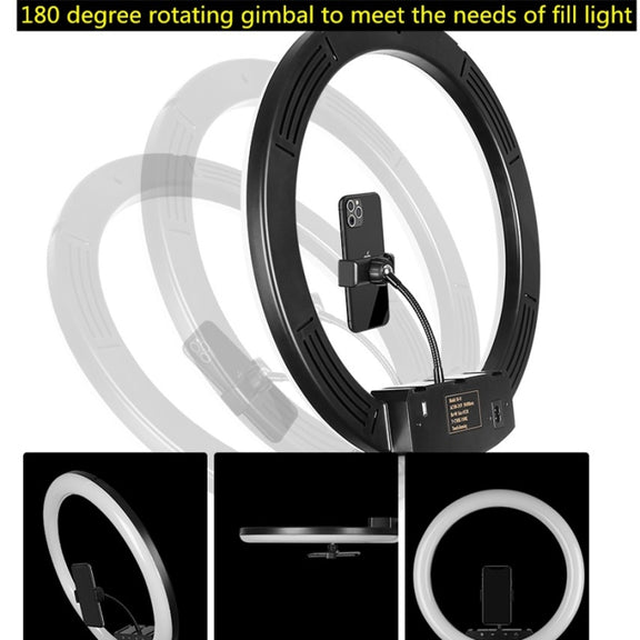 14 inch+Phone Clip Dimmable Color Temperature LED Ring Fill Light Live Broadcast Set With 2.1m Tripod Mount, CN Plug