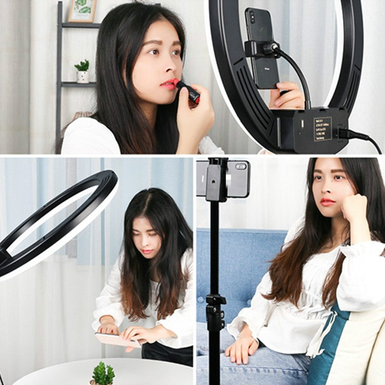 14 inch+Phone Clip Dimmable Color Temperature LED Ring Fill Light Live Broadcast Set With 2.1m Tripod Mount, CN Plug