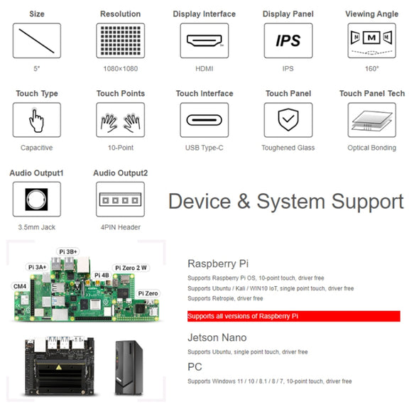 Waveshare 1080x1080 IPS Optically Bonded 5-Inch HDMI Circular 10-Point Touch Screen(24369)