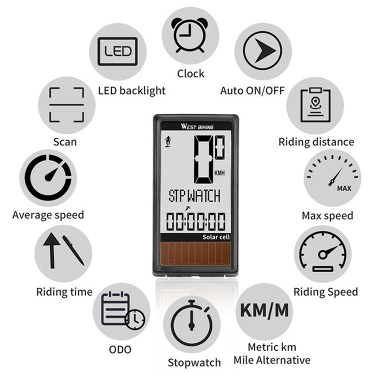 WEST BIKING Wireless Solar Code Table Mountain Road Bike Large Character Code Table Five Language Water-resistant Speedometer