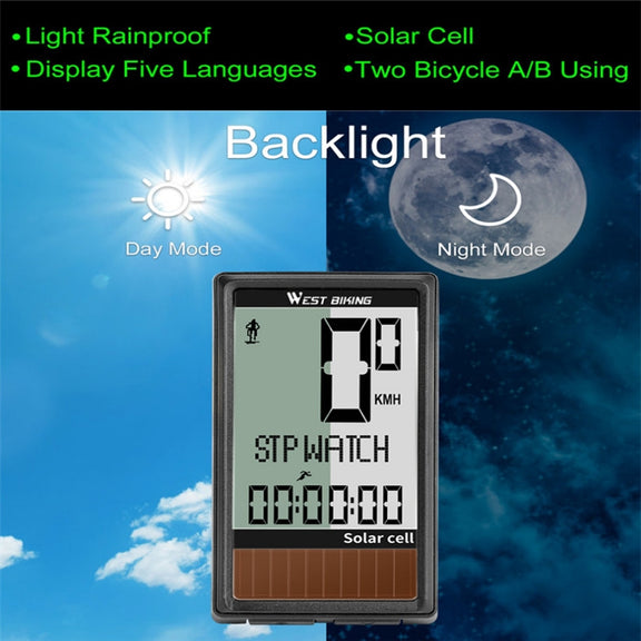 WEST BIKING Wireless Solar Code Table Mountain Road Bike Large Character Code Table Five Language Water-resistant Speedometer