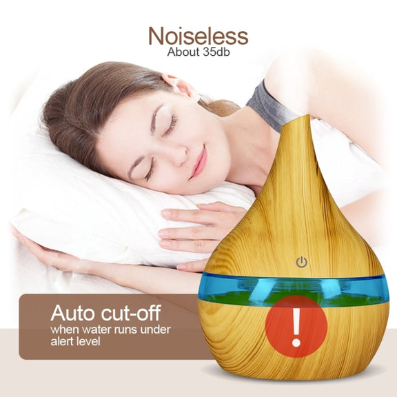 300ml USB Electric Aroma Air Diffuser Wood Ultrasonic Air Humidifier Essential Oil Aromatherapy Cool Mist Maker(Flat Mouth Light Wood Grain)