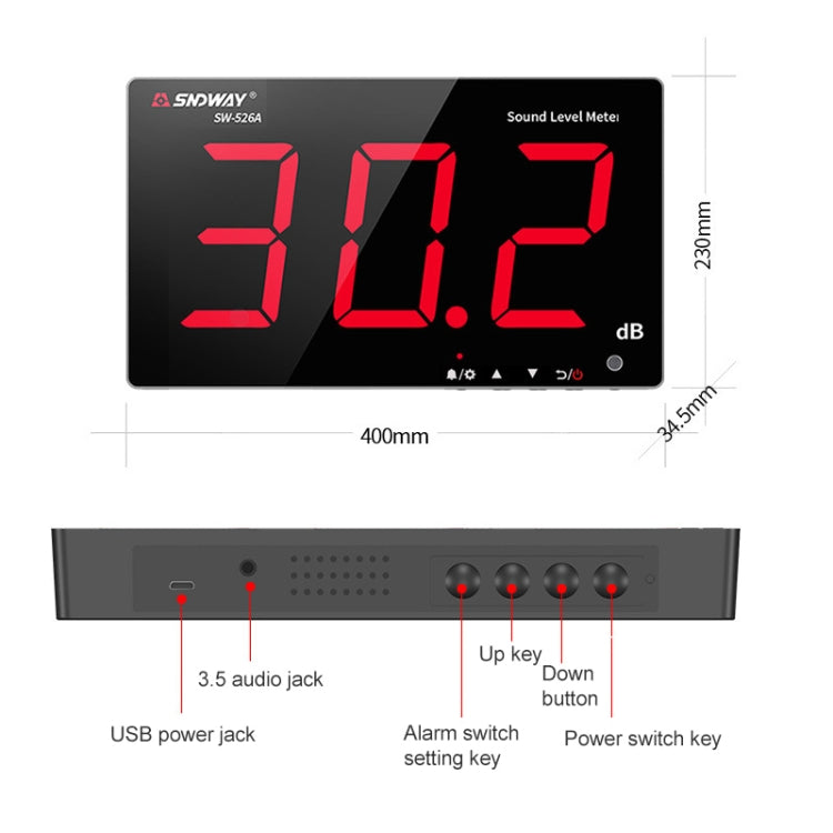 SNDWAY Wall-mounted 30~130dB Large Screen Digital Display Noise Decibel Monitoring Testers, Specification:SW526A 18 inch Display