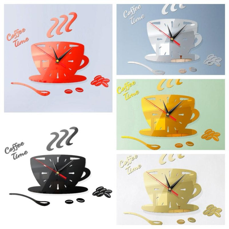 Home DIY 3D Stereo Decorative Fashion Coffee Wall Clock Acrylic Mirror Wall Sticker Coffee Clock(Red)
