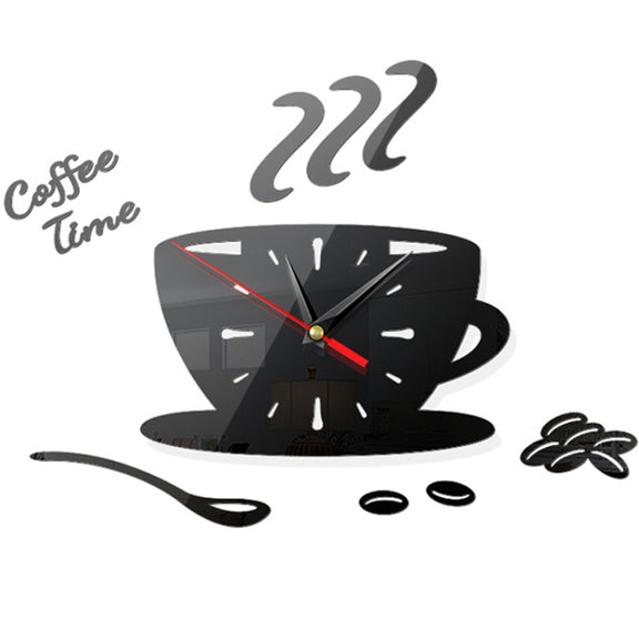 Home DIY 3D Stereo Decorative Fashion Coffee Wall Clock Acrylic Mirror Wall Sticker Coffee Clock(Black)