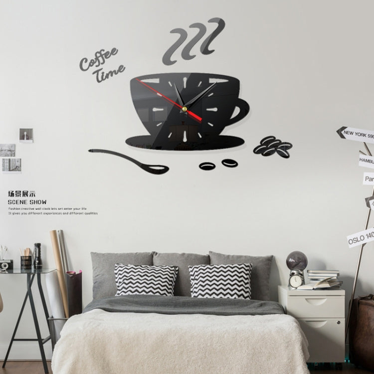 Home DIY 3D Stereo Decorative Fashion Coffee Wall Clock Acrylic Mirror Wall Sticker Coffee Clock(Black)