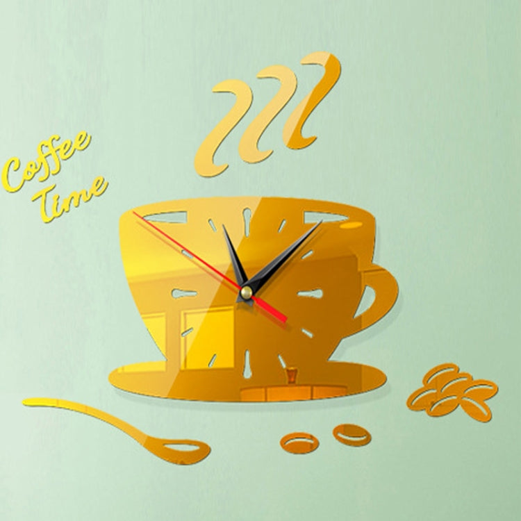 Home DIY 3D Stereo Decorative Fashion Coffee Wall Clock Acrylic Mirror Wall Sticker Coffee Clock(Deep Gold)