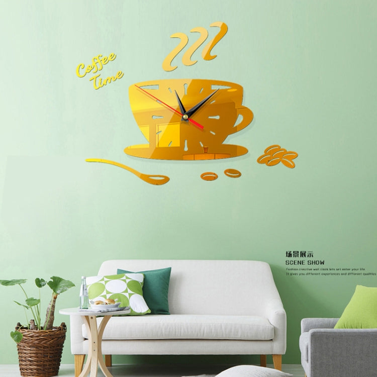 Home DIY 3D Stereo Decorative Fashion Coffee Wall Clock Acrylic Mirror Wall Sticker Coffee Clock(Deep Gold)