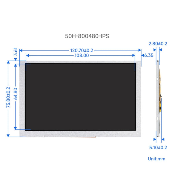 Waveshare 5 Inch DSI Display, 800 �� 480 Pixel, IPS Display Panel, Style:No Touch