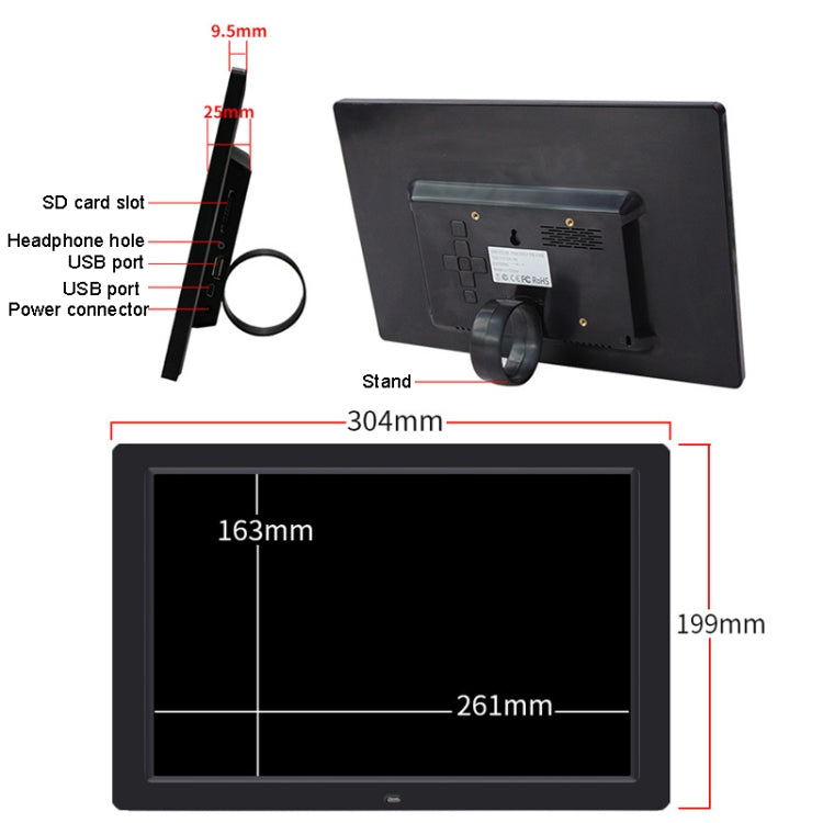 DPF-1201 12 inch 1280x800 Resolution Wall Mounted Advertising Machine LCD Electronic Photo Frame, Plug:EU Plug(Black)
