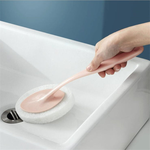 Bathroom Long Handle Cleaning Sponge Brush Floor Tile Decontamination Scouring Pad(Pink)