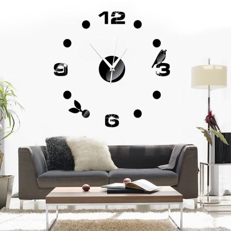 Art Wall Clock Background Wall Stickers TV Wall Stickers 3D Bird Leaves Wall Clock Home Accessories(Black)