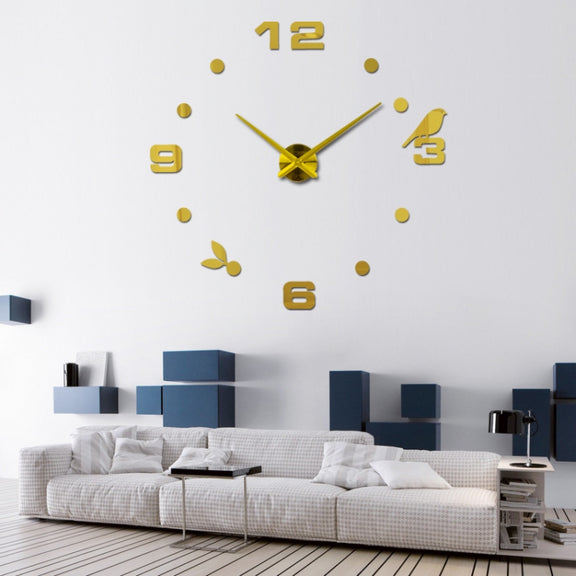 Art Wall Clock Background Wall Stickers TV Wall Stickers 3D Bird Leaves Wall Clock Home Accessories(Gold)