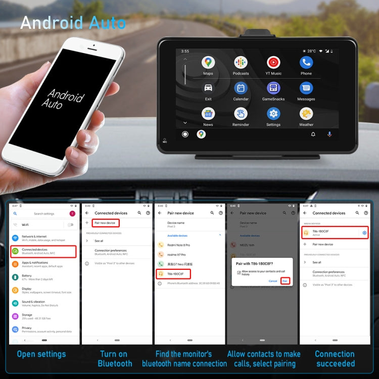 A3135 7 Inch HD Wired Smart Screen With Wireless CarPlay + Android Auto + Android With With 64G Memory Card