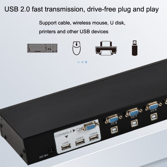 FJGEAR FJ-810UK 8 In 1 Out USB KVM Switcher With Desktop Switch, Plug Type:EU Plug(Black)