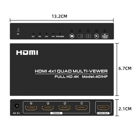 FJGEAR FJ-401HF 4 In 1 Out 4K HDMI Splitter Supports Four Screen Segmentation, Plug Type:EU Plug(Black)