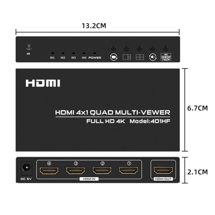 FJGEAR FJ-401HF 4 In 1 Out 4K HDMI Splitter Supports Four Screen Segmentation, Plug Type:US Plug(Black)