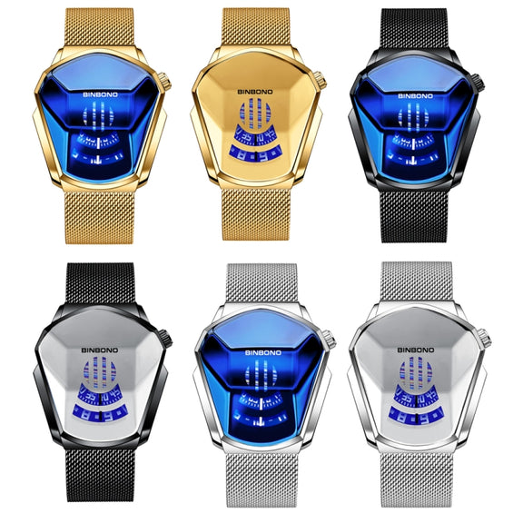 BINBOND Locomotive Concept Watch Men Live Black Technology Watch(Black Net Belt-Black Steel-Blue Face)