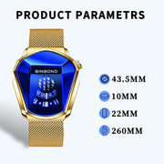BINBOND Locomotive Concept Watch Men Live Black Technology Watch(Black Net Belt-Black Steel-White Face)