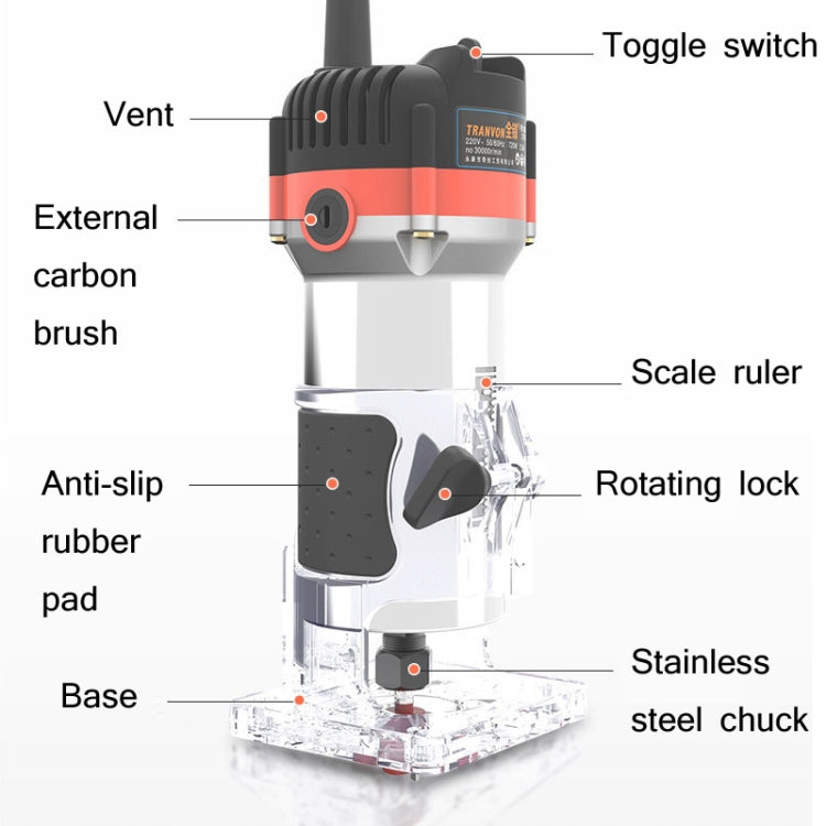 Woodworking Trimming Machine Multifunctional Electric Wood Milling Slotting Machine Engraving Tools US Plug, Material:720W Aluminum Body