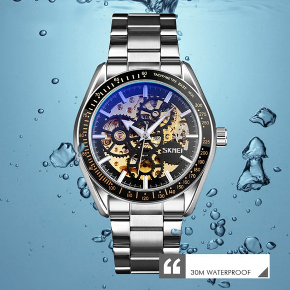 SKMEI 9194 Men Automatic Skeleton Mechanical Steel Band Watch (Silver)