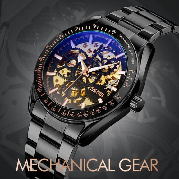 SKMEI 9194 Men Automatic Skeleton Mechanical Steel Band Watch (Rose Gold)