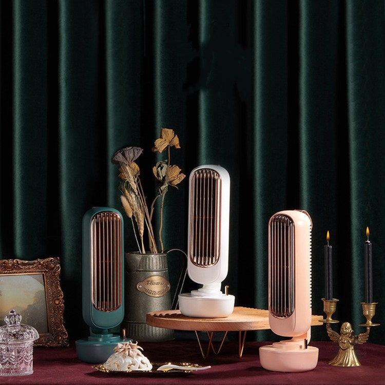 Retro Humidification Tower Fan USB Leafless Fan Water Cooling Spray Humidification Desktop Fan Cooler(White)
