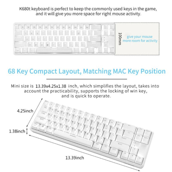 Ajazz K680T Mini USB Wired Dual-mode Charging 68-keys Laptop Bluetooth Mechanical Keyboard, Cable Length: 1.6m, Style:Black Shaft(White)