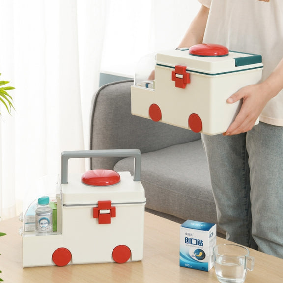 Ambulance First Aid Box Family Medicine Box Household Large Double-layer Medicine Box(White)